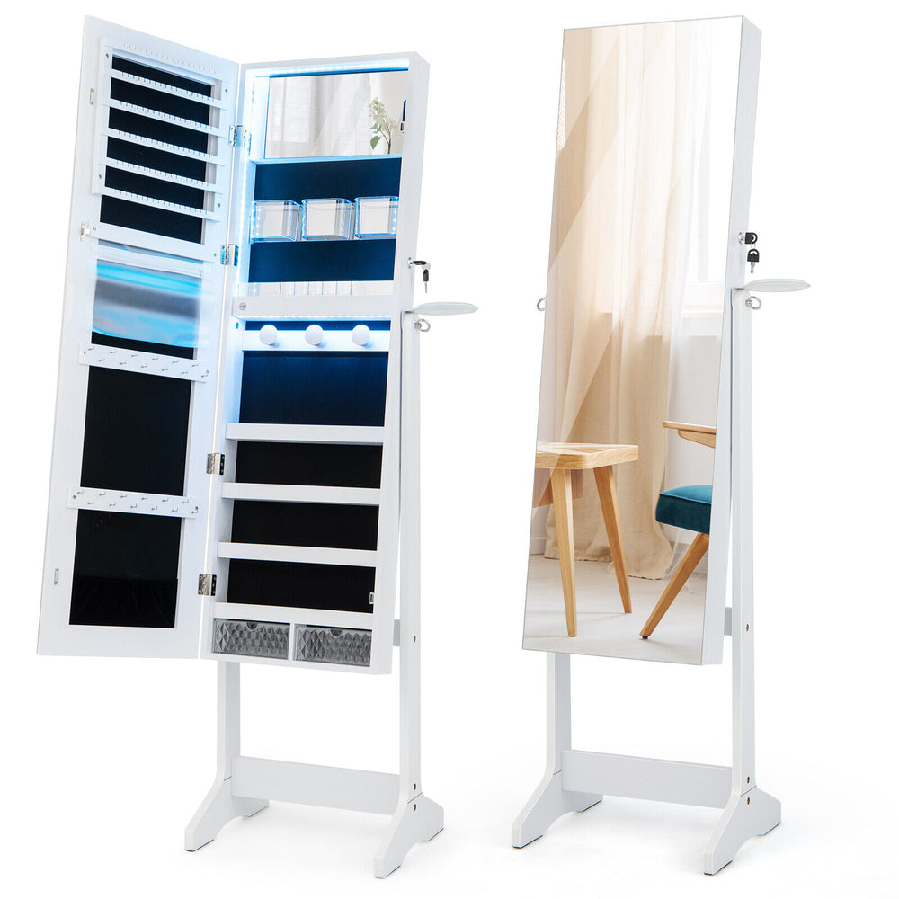 Freestanding jewelry cabinet in white with full-length mirror, LED lights, and ample storage for accessories.