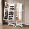 Freestanding jewelry cabinet in white with full-length mirror, ample storage, and auto LED lights for convenience.