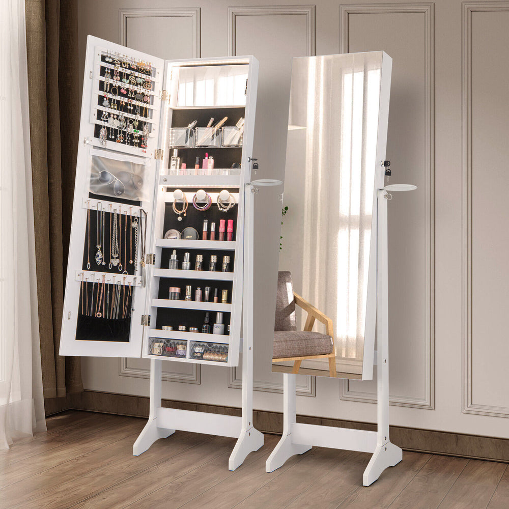Freestanding jewelry cabinet in white with full-length mirror, ample storage, and auto LED lights for convenience.
