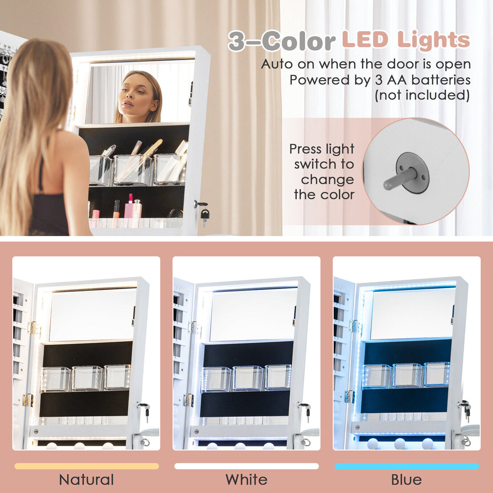 Freestanding jewelry cabinet in white with full-length mirror, 3-color LED lights, and ample storage space for.
