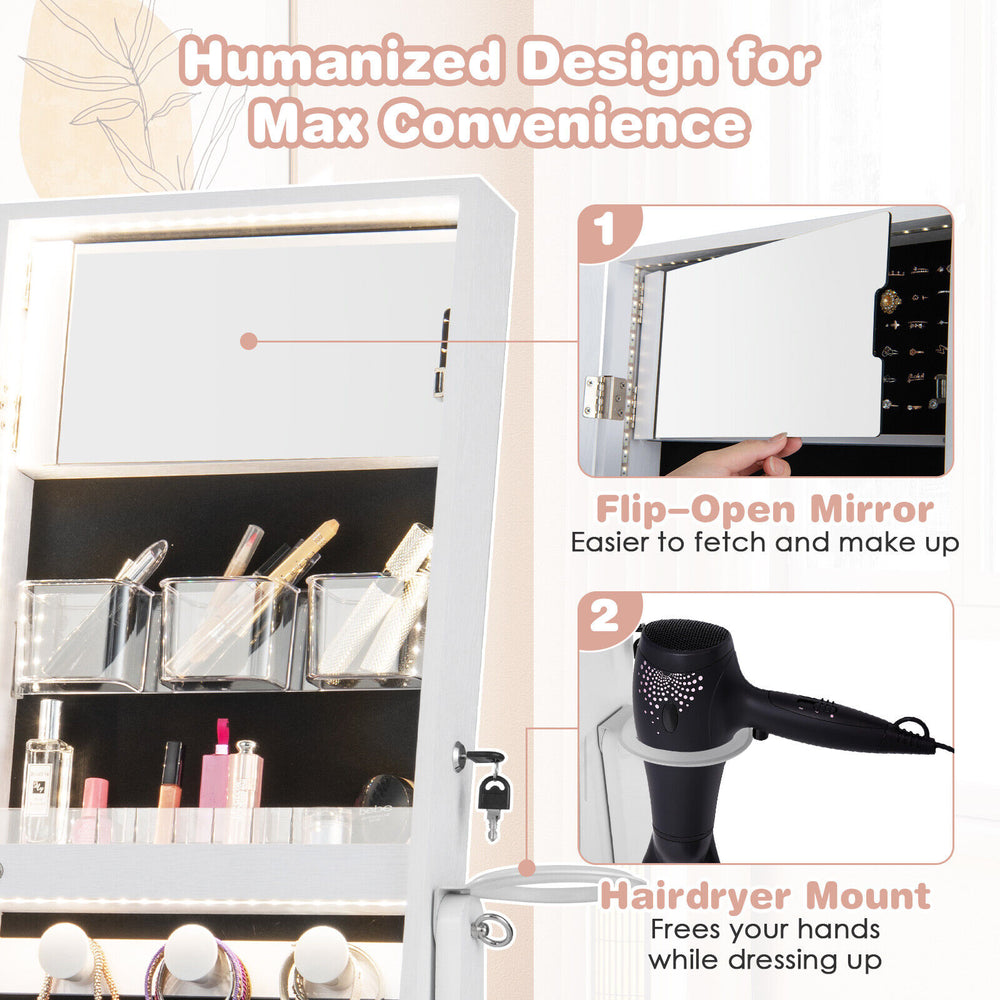 Freestanding jewelry cabinet in white with full-length mirror, hairdryer mount, and LED lights for convenient storage.