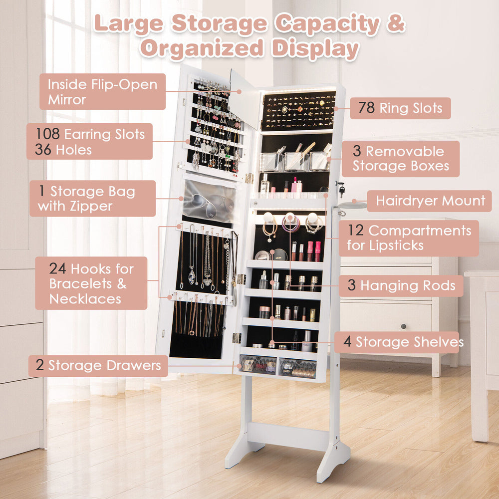 Freestanding jewelry cabinet in white with full-length mirror, featuring 78 ring slots and 108 earring slots for.