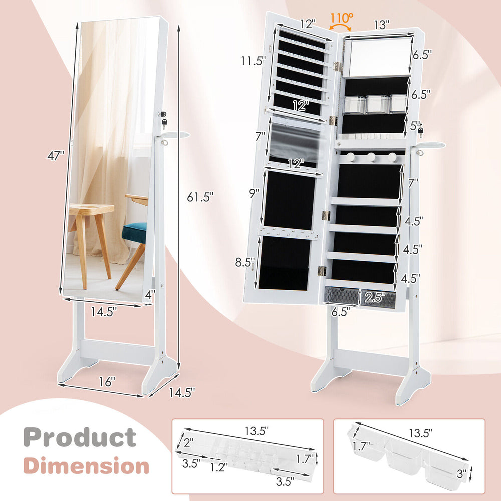 Freestanding jewelry cabinet in white with full-length mirror, multiple storage partitions, and LED lights for.