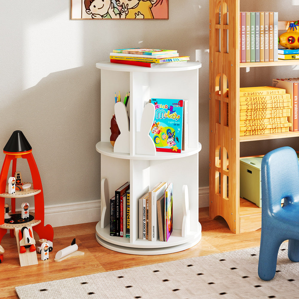 Freestanding 2-tier rotating kids bookshelf in white with bunny baffles, perfect for playroom or bedroom storage.