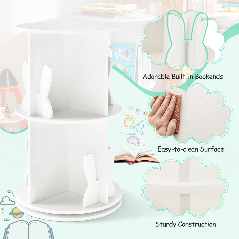 Freestanding 2-tier rotating bookshelf with bunny baffles, white finish, ideal for kids' playroom or bedroom storage.