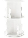 Freestanding 2 tier rotating kids bookshelf in white with bunny baffles, ideal for playroom or bedroom storage.