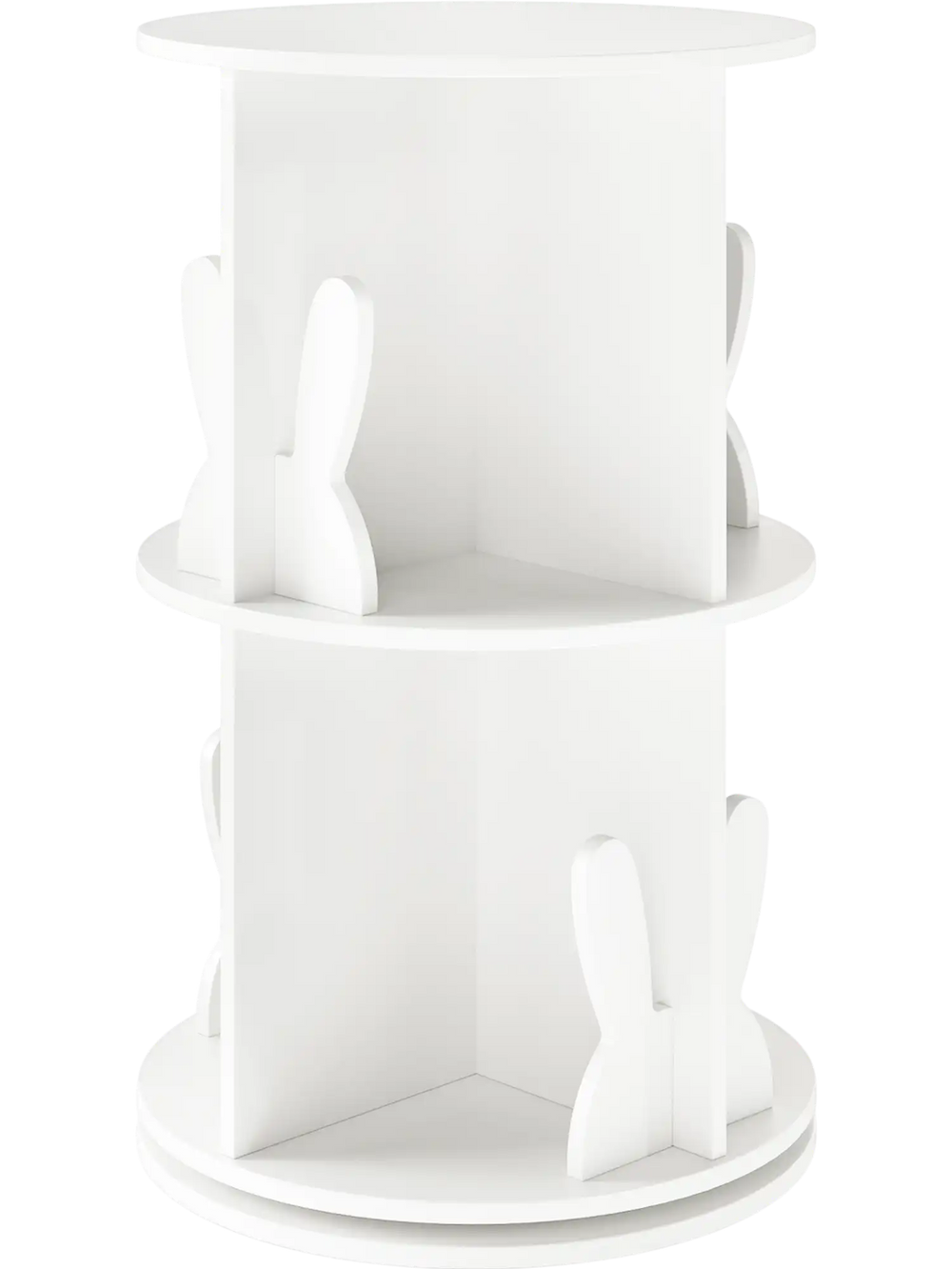 Freestanding 2 tier rotating kids bookshelf in white with bunny baffles, ideal for playroom or bedroom storage.