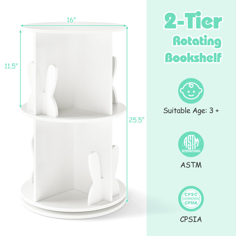 2-tier rotating kids bookshelf in white with bunny baffles, featuring 8 compartments for easy storage and organization.