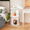 Freestanding white 2 tier rotating bookshelf with bunny baffles, perfect for kids' rooms and easy book access.