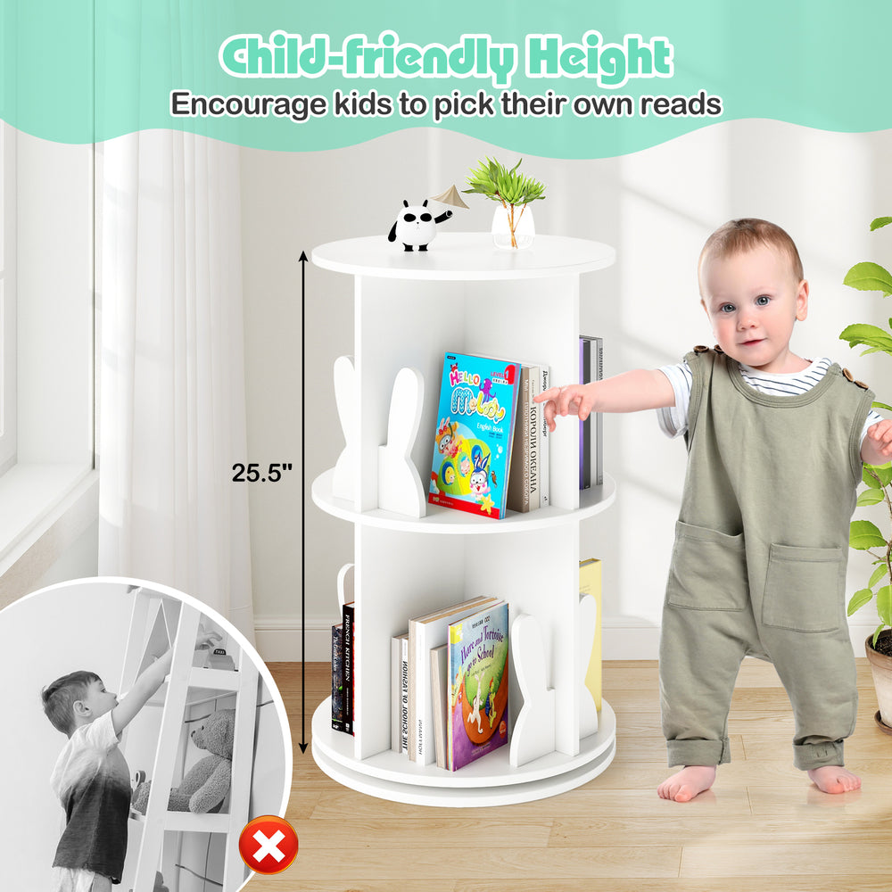 Child-friendly 2 tier rotating bookshelf in white with bunny baffles, perfect for kids' playroom or bedroom storage.