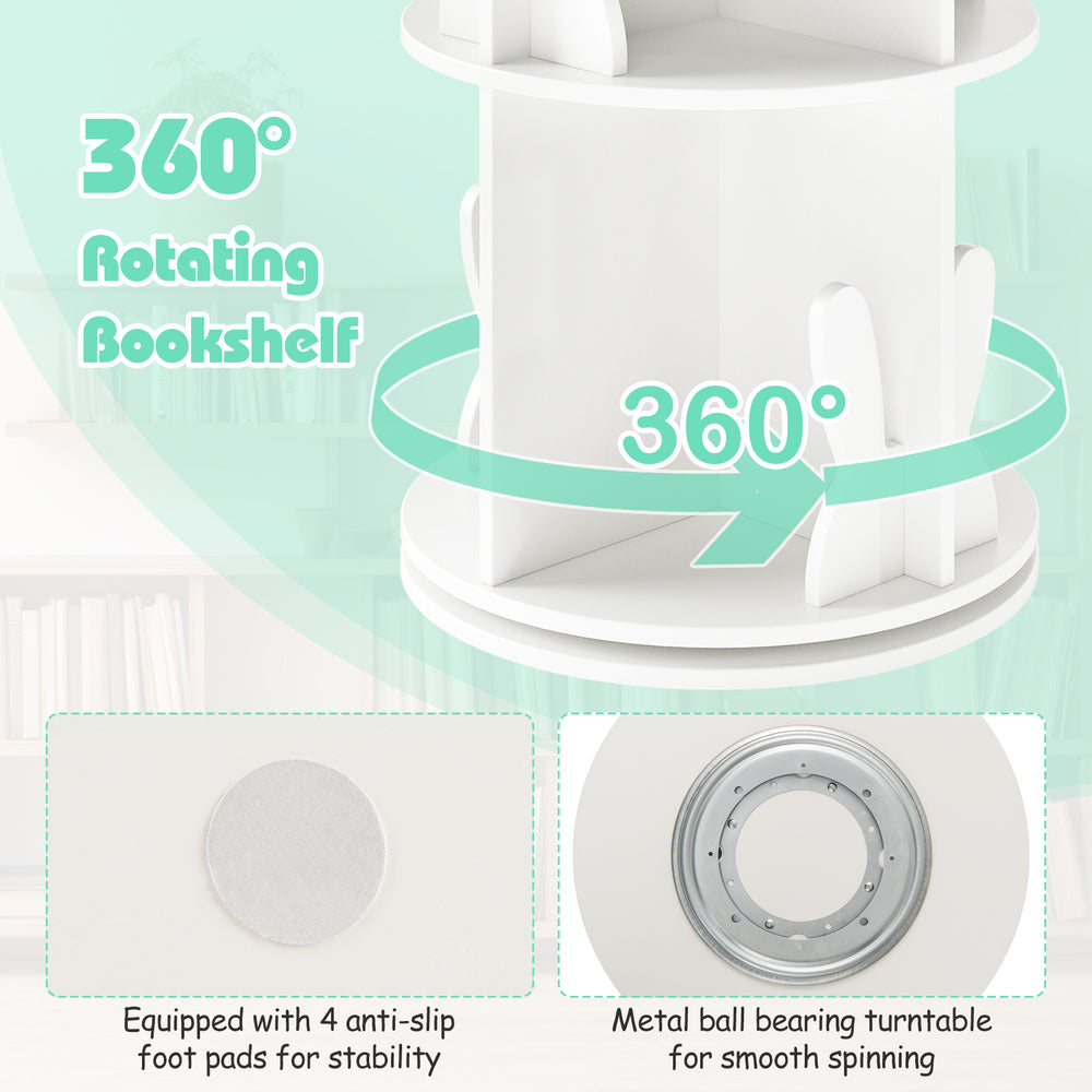 Freestanding 2-tier rotating bookshelf in white with bunny baffles, ideal for kids' playroom storage and easy access.