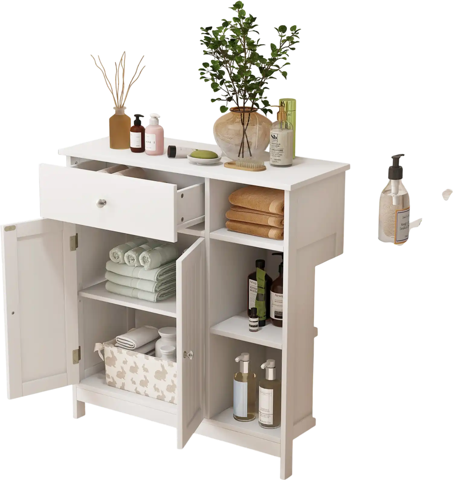 Costway Bathroom Floor Storage Cabinet w/ Drawer Open Compartments White 76248513 New