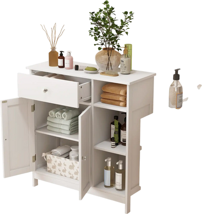 Costway Bathroom Floor Storage Cabinet w/ Drawer Open Compartments White 76248513 New