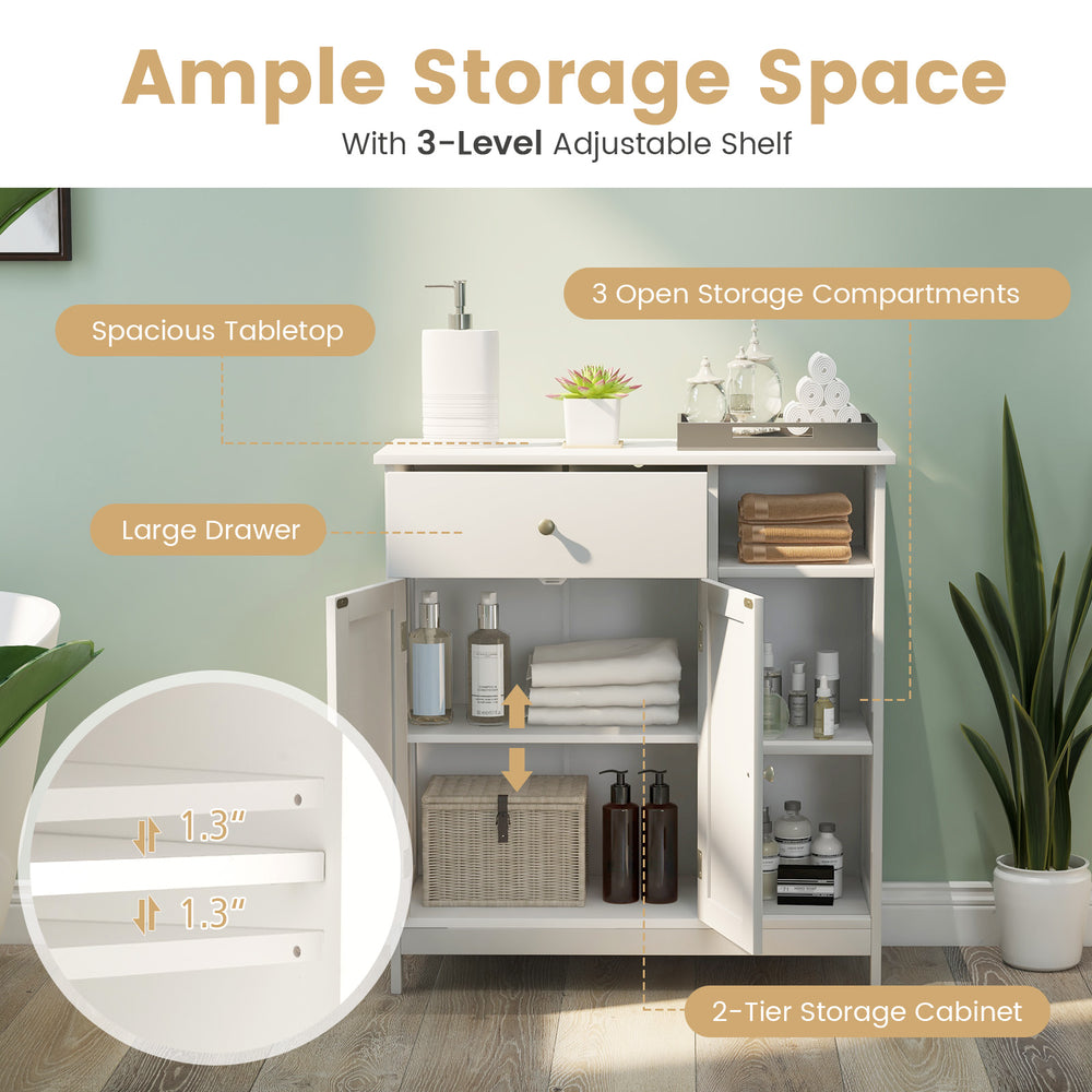 Bathroom cabinet in white with a large drawer, 3 open compartments, and a 3-level adjustable shelf for versatile.