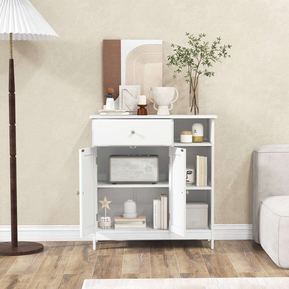 White bathroom cabinet featuring a drawer, open compartments, and adjustable shelves for versatile storage solutions.