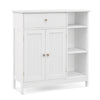 White bathroom cabinet featuring a drawer, two doors, and three open compartments for versatile storage solutions.