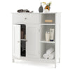 White bathroom cabinet featuring a drawer, cabinet, and three open compartments for versatile storage solutions.