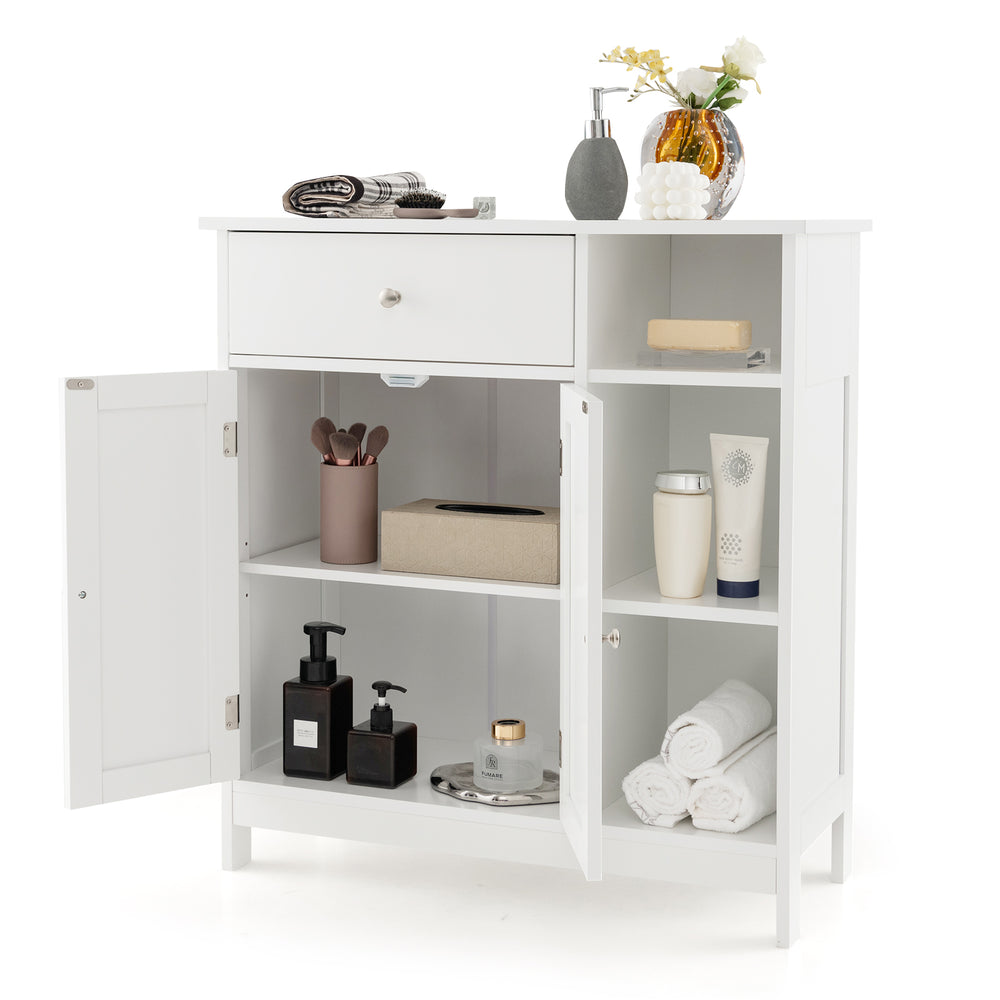 White bathroom cabinet with a spacious interior, showcasing three open compartments and a durable MDF frame for stylish.