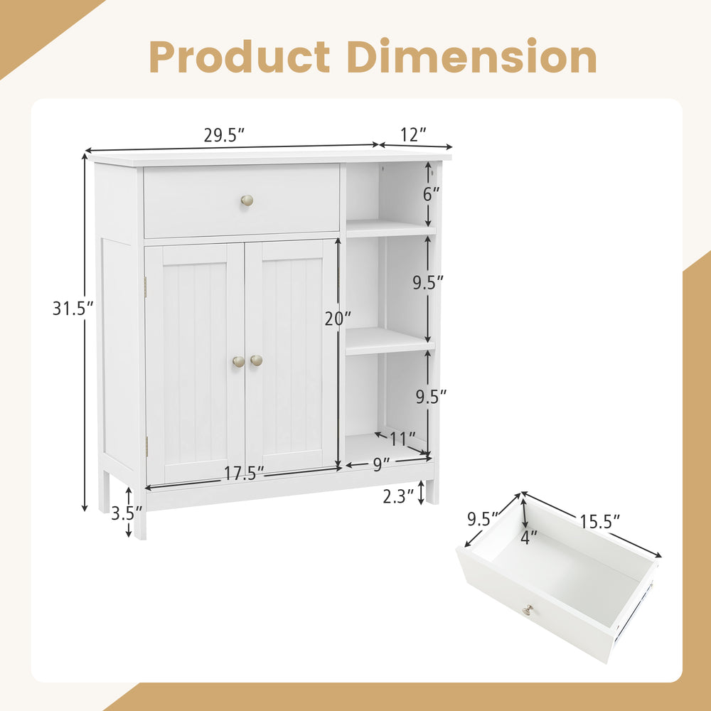 Bathroom cabinet dimensions showing a white floor cabinet with drawer and open compartments for versatile storage.