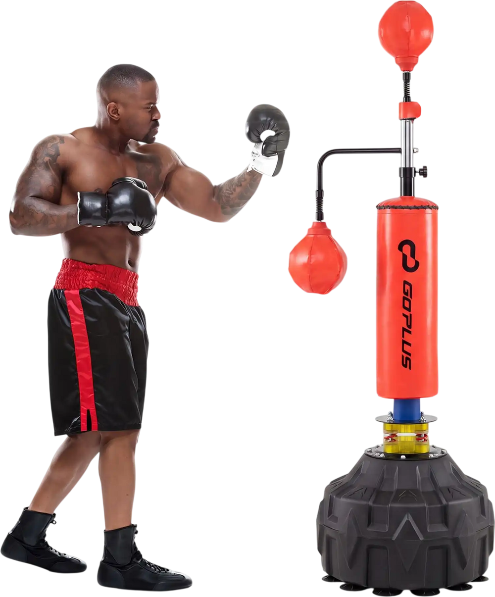 Freestanding punching bag with dual speed balls and adjustable height, ideal for MMA reflex training and stability.