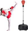 Freestanding adjustable punching bag with red boxing gloves, ideal for fitness and training, featuring a stable base.