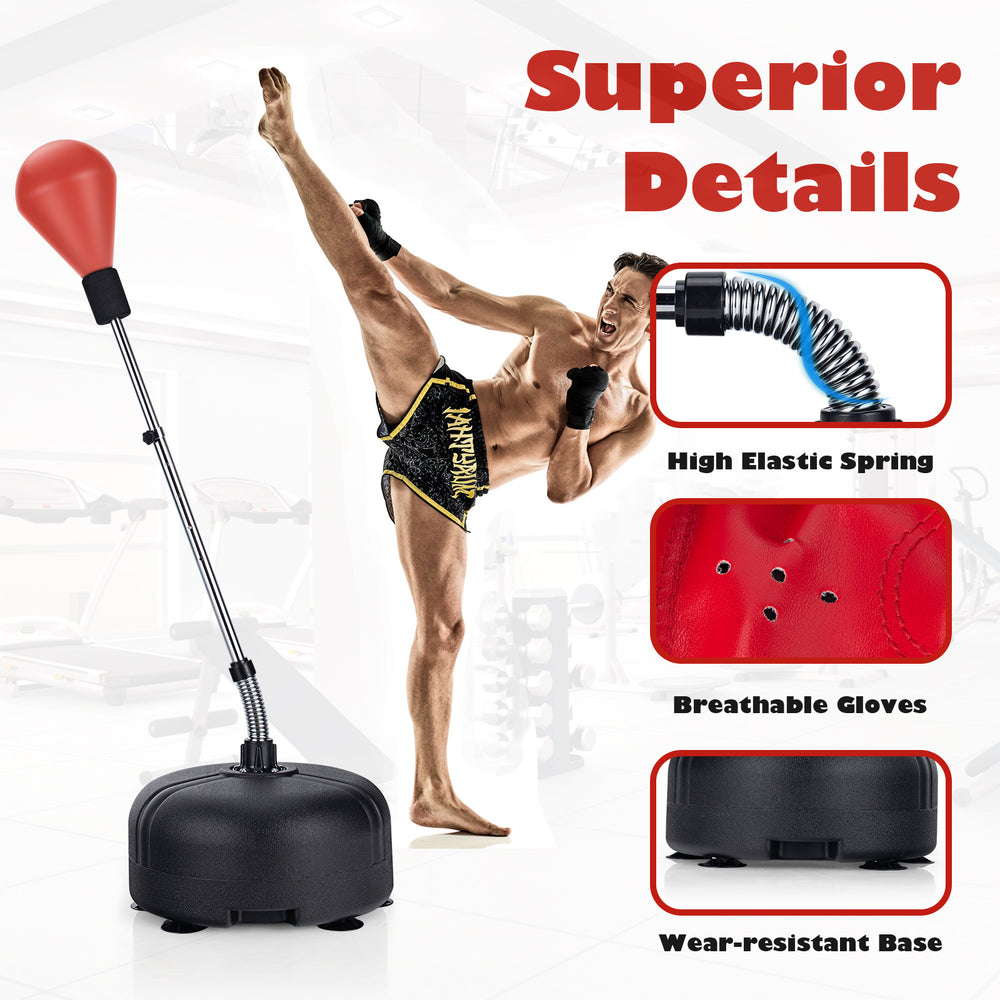Adjustable freestanding punching bag in red with durable boxing gloves, ideal for fitness and professional training.