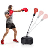 Adjustable freestanding punching bag with red boxing gloves, featuring height adjustment and durable PU ball for.