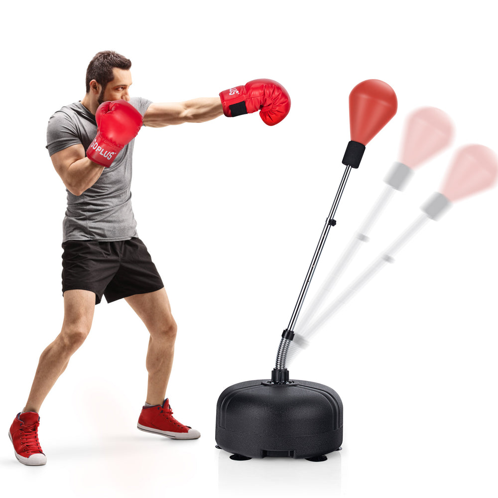 Adjustable freestanding punching bag with red boxing gloves, featuring height adjustment and durable PU ball for.