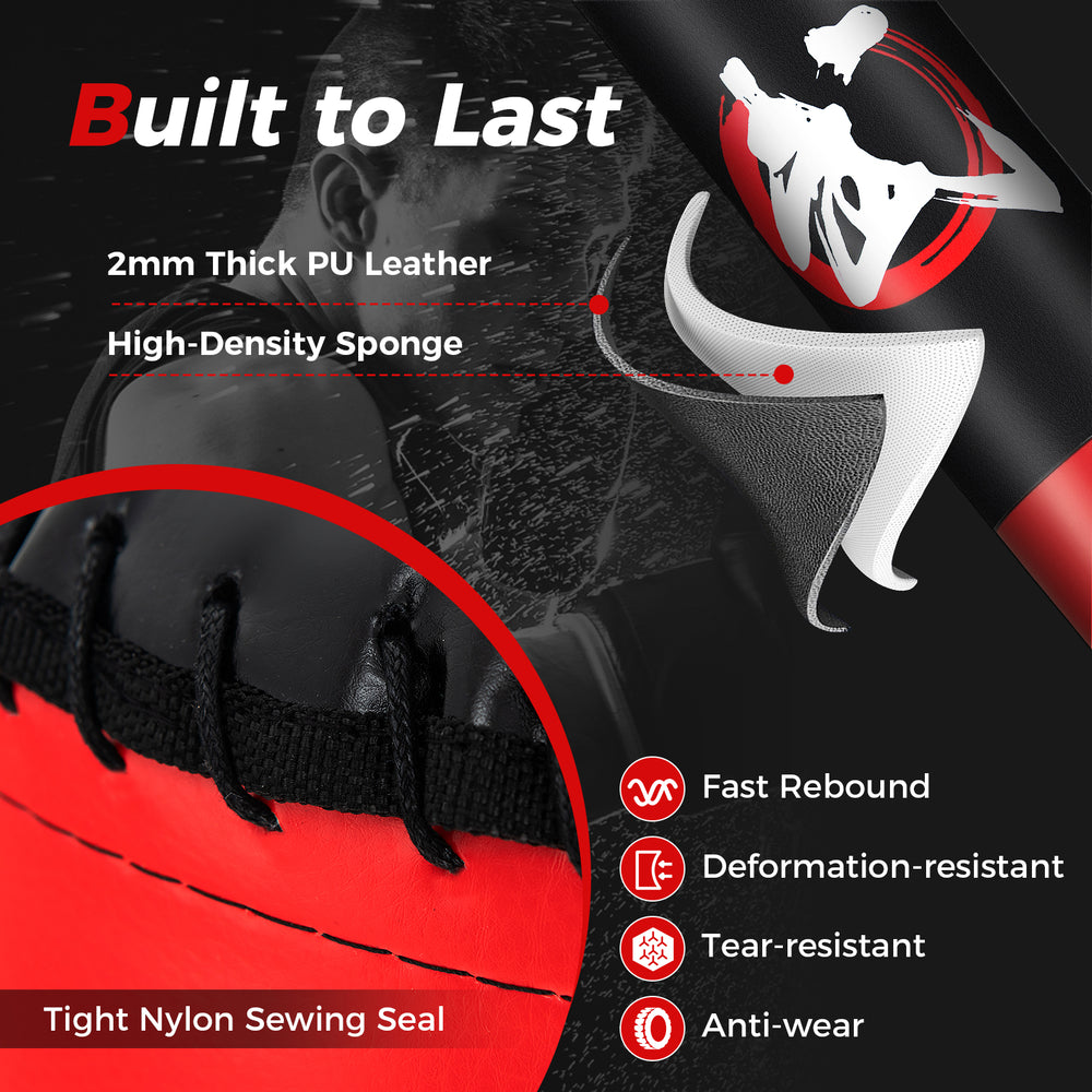 Close-up of the 70-inch freestanding punching bag featuring durable PU leather, tight nylon sewing, and shock absorbers.