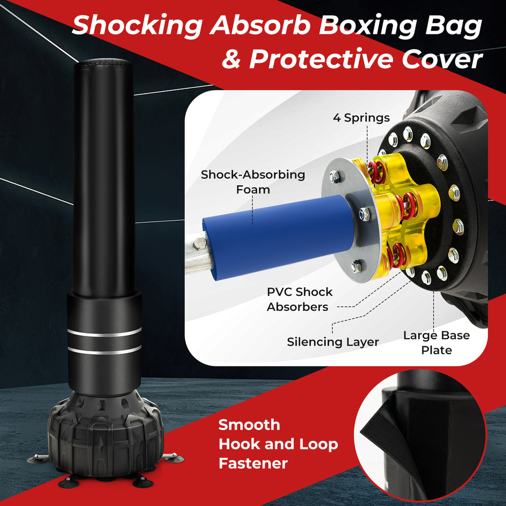 Freestanding 71-inch punching bag with PVC shock absorber, 25 suction cups, and included boxing gloves for training.