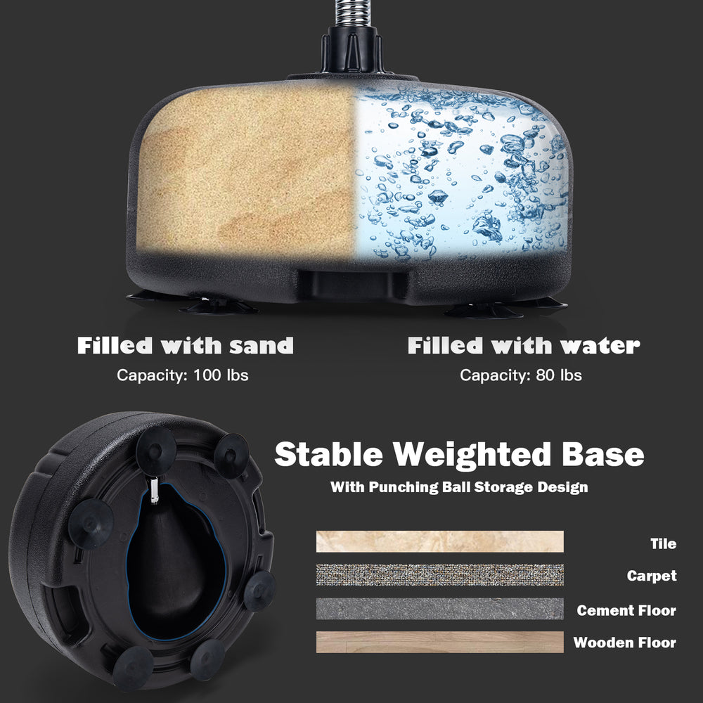 Adjustable freestanding punching bag base filled with sand and water, featuring a stable design for various floor types.
