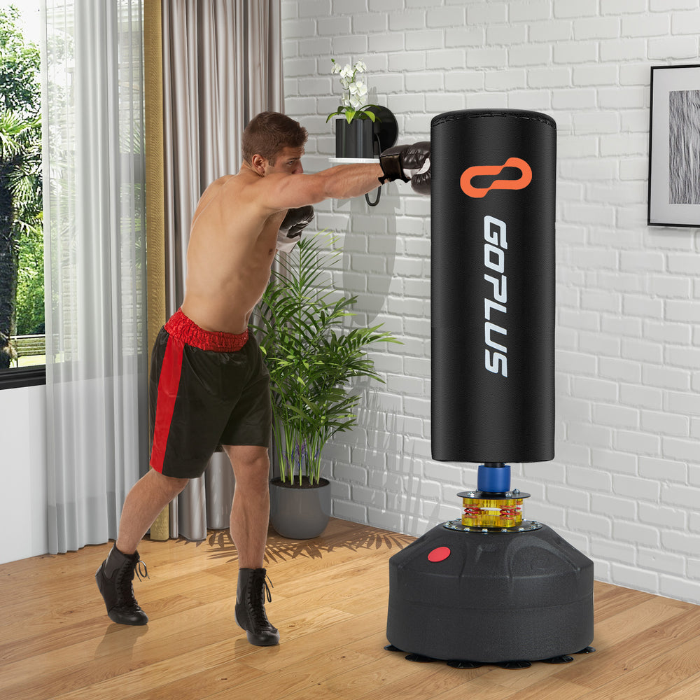 Freestanding punching bag with suction cup base, designed for safe kicking and punching, suitable for family use.