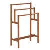 Freestanding 3-tier towel rack in solid wood with teak oil finish, perfect for bathroom or laundry room organization.