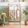 Freestanding wooden towel rack in teak oil finish with large hanging space, perfect for stylish organization in any.