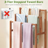 Freestanding 3-tier towel rack in solid wood with teak oil finish, ideal for quick drying and organized bathroom.