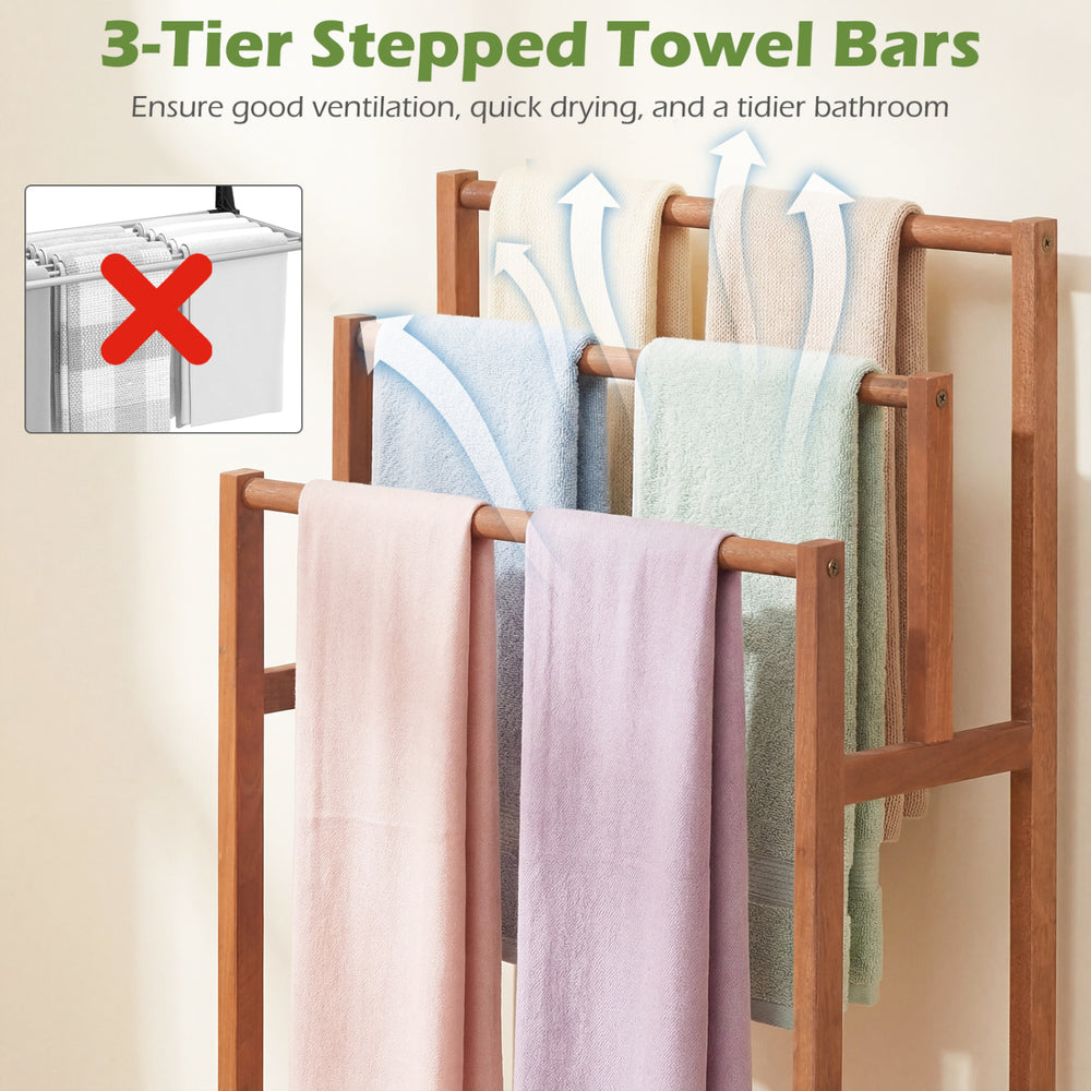 Freestanding 3-tier towel rack in solid wood with teak oil finish, ideal for quick drying and organized bathroom.