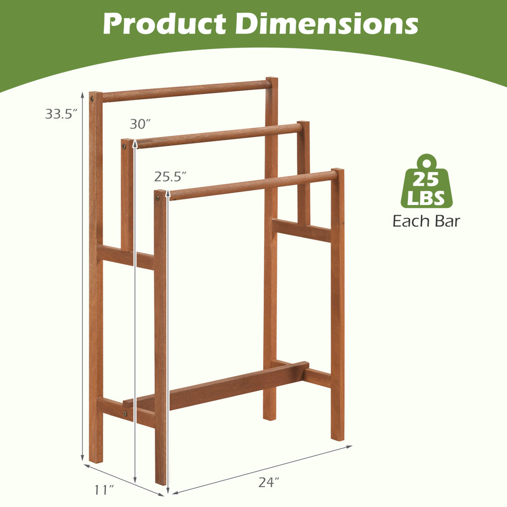 Solid wood freestanding towel rack dimensions of 33.5" height and 30" width, perfect for efficient corner organization.