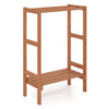 Freestanding towel rack with three hanging bars and a bottom shelf, made of sturdy solid wood for versatile storage.