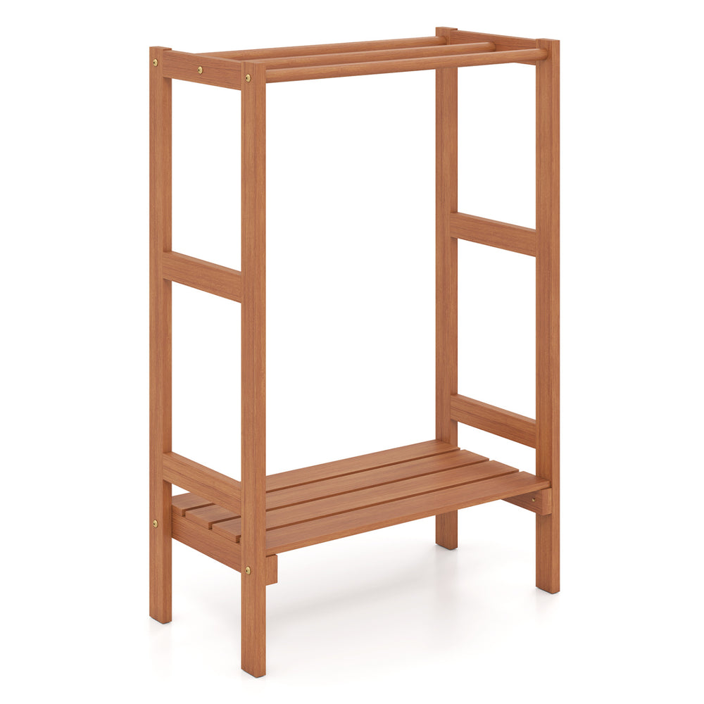 Freestanding towel rack with three hanging bars and a bottom shelf, made of sturdy solid wood for versatile storage.