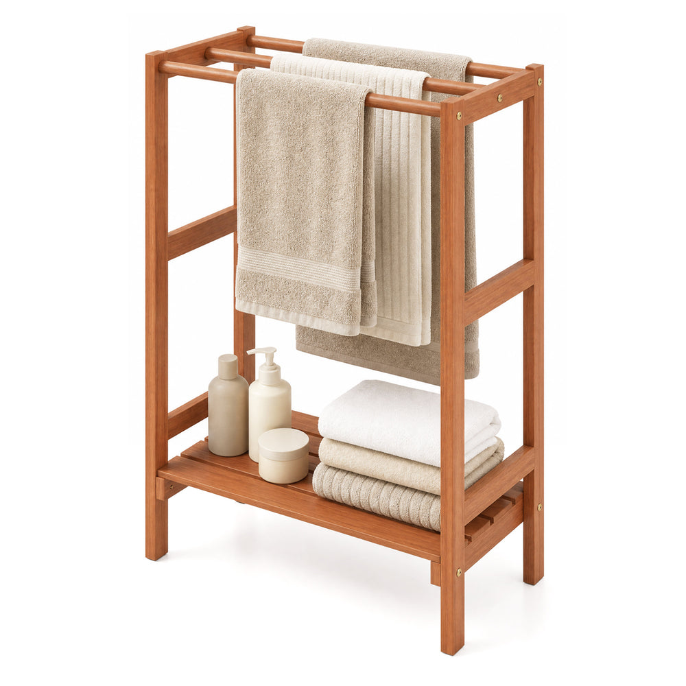 Freestanding towel rack made of solid wood with three hanging bars and a bottom shelf for versatile storage.