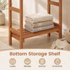 Freestanding towel rack featuring a bottom storage shelf for towels, blankets, and ornaments, made of sturdy solid wood.