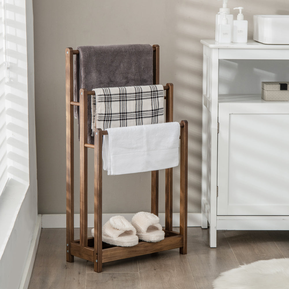 Freestanding Towel Rack 3-Bar Hand Towel Drying Stand with Bottom Storage Shelf-Rustic Brown - Gallery View 1 of 10