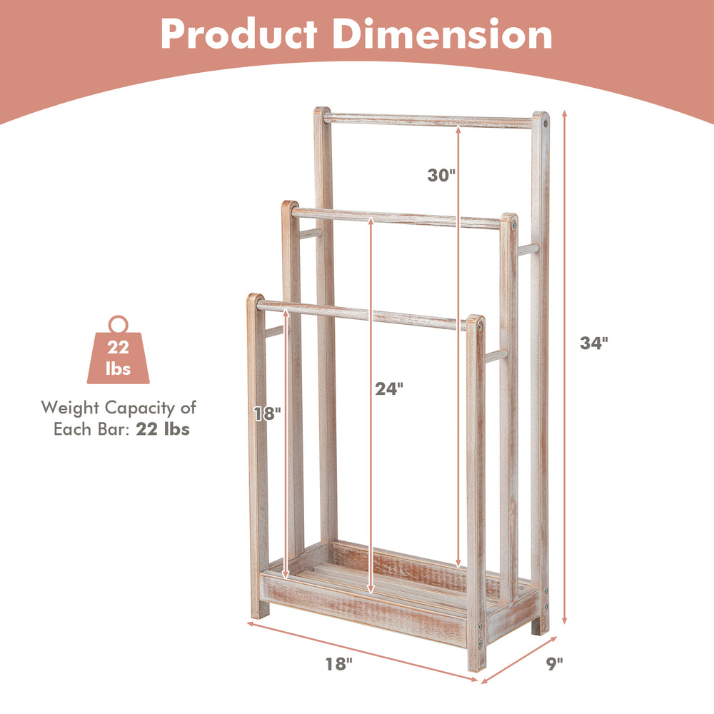 Freestanding towel rack with 3 bars and bottom shelf, made of solid fir wood, measuring 30" x 18" x 34", ideal for.