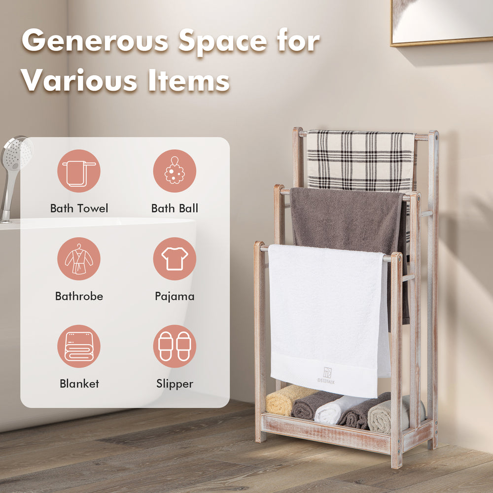 Freestanding towel rack with three bars and bottom shelf, made of solid fir wood, perfect for drying towels and storage.