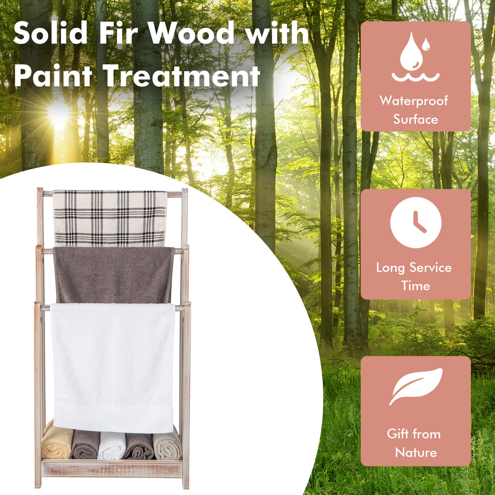Freestanding towel rack with three bars, solid fir wood, waterproof surface, ideal for drying towels and storage.
