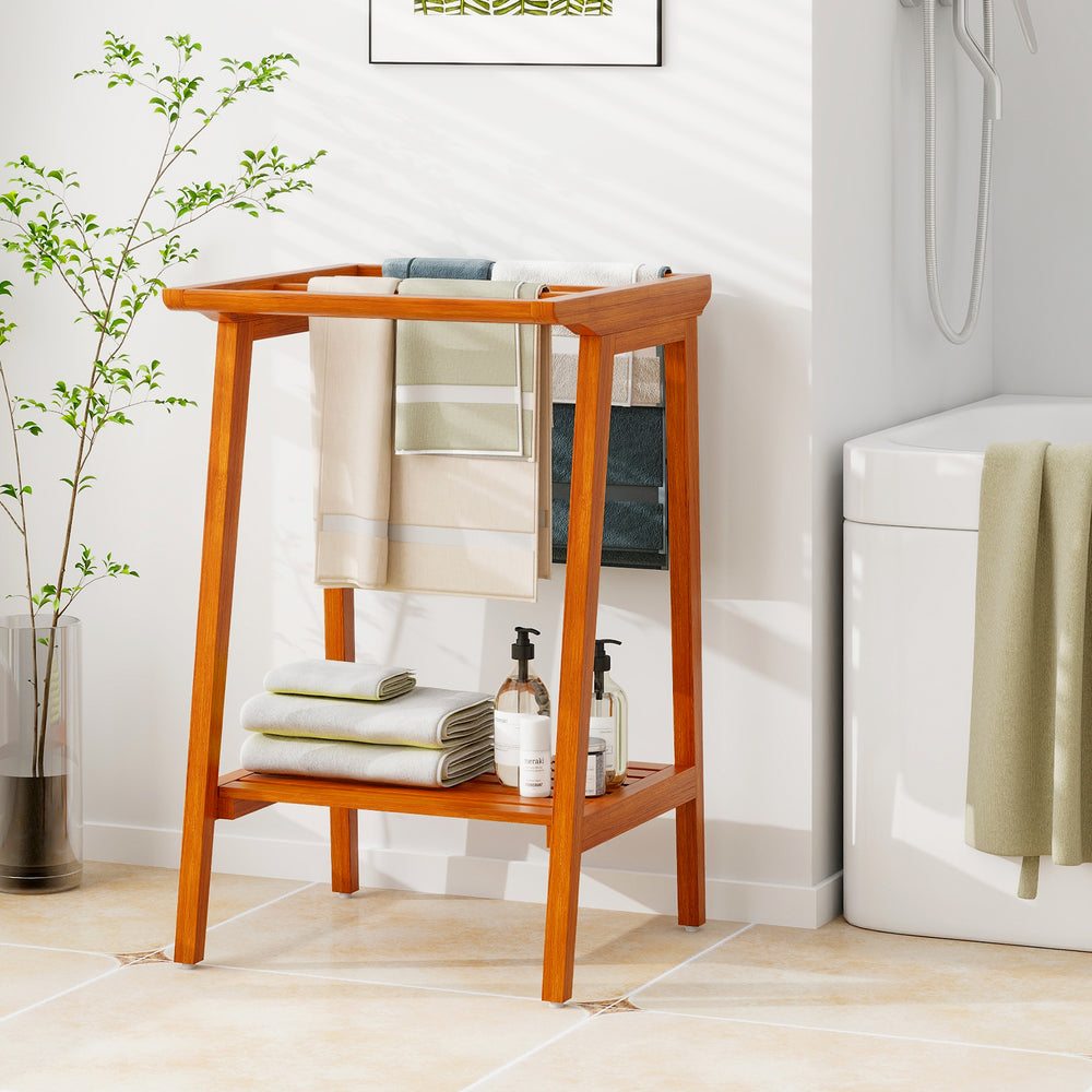 Freestanding towel rack made of premium Indonesian teak with storage shelf, ideal for towels and blankets in the.