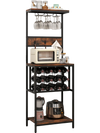 Freestanding wine rack in rustic brown with 12-grid storage, top shelf, and hooks for kitchenware, ideal for home bar.