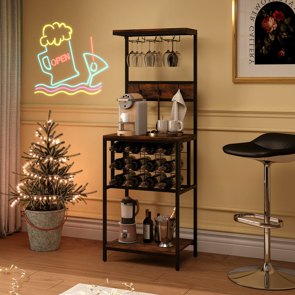 Freestanding wine rack cabinet in rustic brown with 12-grid wine storage, top shelf, and hooks for kitchenware.