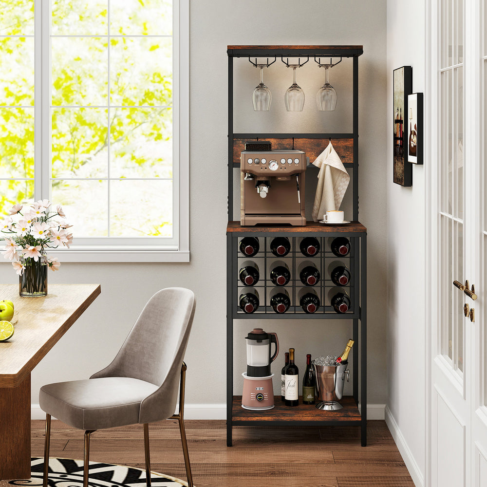 Freestanding wine rack in rustic brown with 12-grid storage, glass racks, and ample space for kitchen appliances.