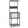 Freestanding wine rack in rustic brown with 12-grid storage, top shelf, and hooks for cups, ideal for kitchen or home.